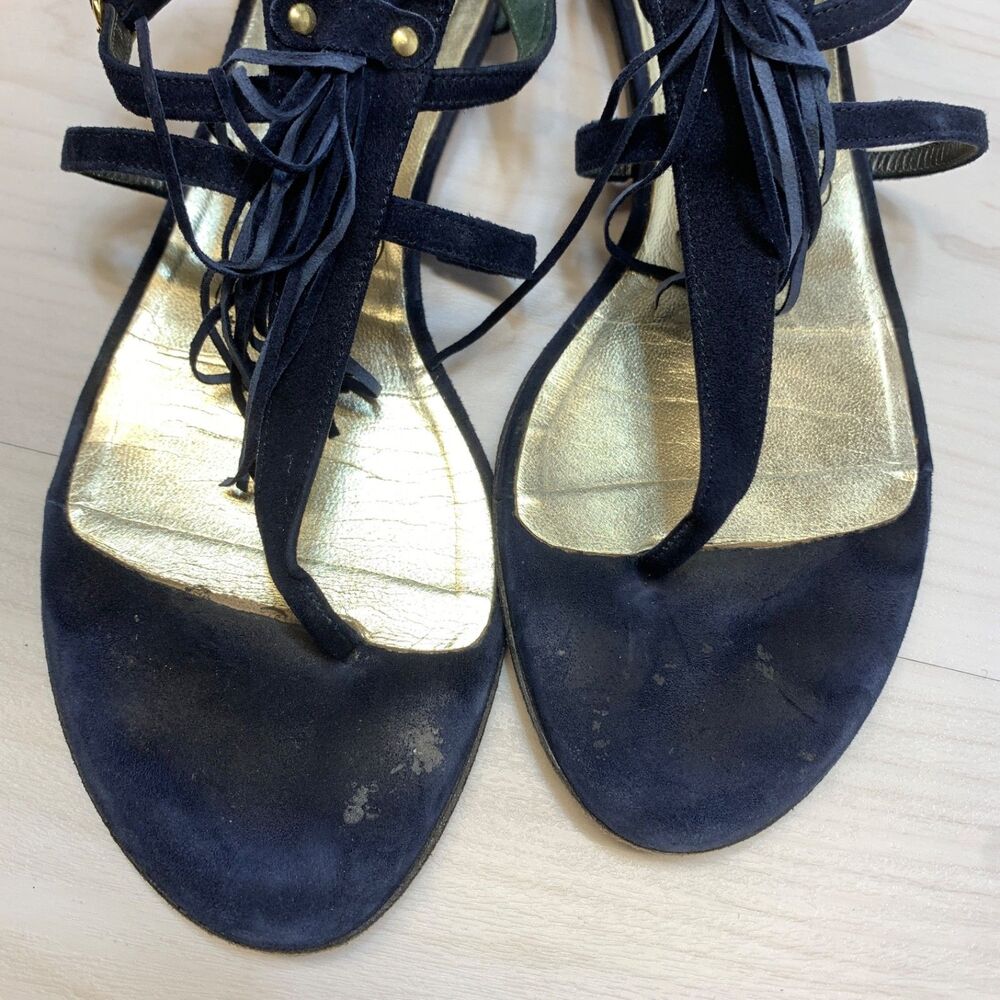 Tibi Fringe Thong Sandals Womens Size 9B Navy Blue Suede Leather - Picture 7 of 12